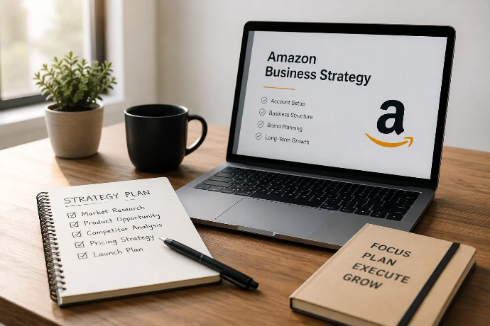 Professional Amazon business strategy workspace showing product research, launch planning, marketplace preparation, brand development, and long-term eCommerce growth strategy.