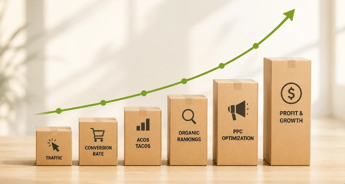 Amazon business growth visualization showing optimization strategy, improving conversion rates, lowering ACOS and TACOS, increasing organic rankings, PPC refinement, and scalable eCommerce profitability.