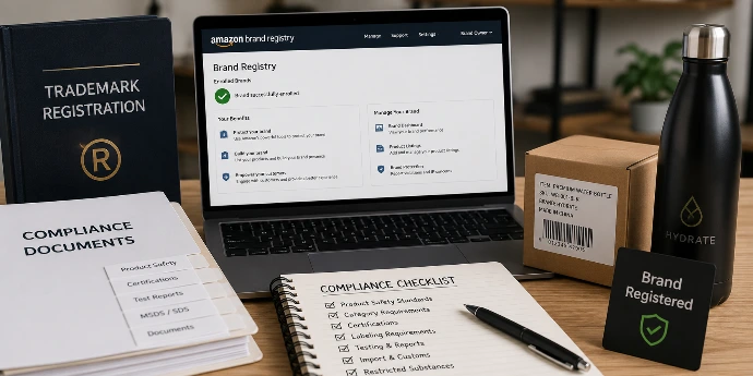 Amazon Brand Registry setup and trademark protection support for sellers preparing brand ownership, compliance, listing control, and marketplace launch.