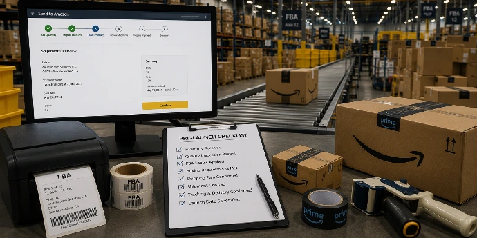 Amazon FBA and fulfillment setup support showing warehouse preparation, inventory planning, shipment readiness, and launch logistics for new sellers.