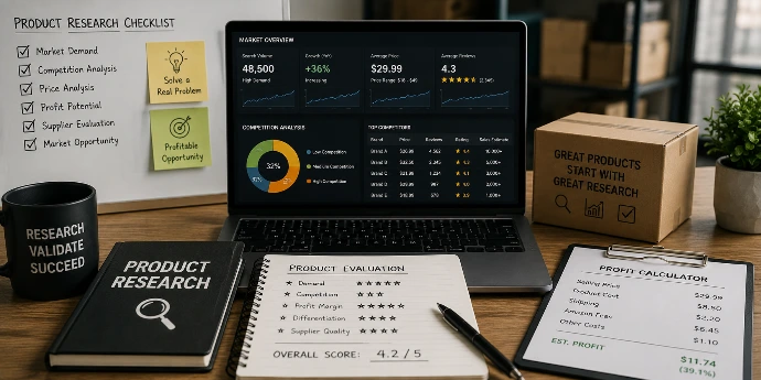 Amazon product research and keyword strategy workspace showing market analysis, competitor review, search demand, and product launch planning.