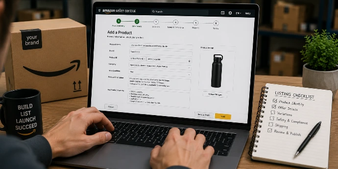 Amazon catalog setup support showing product organization, variation structure, category selection, listing details, and Seller Central catalog management.