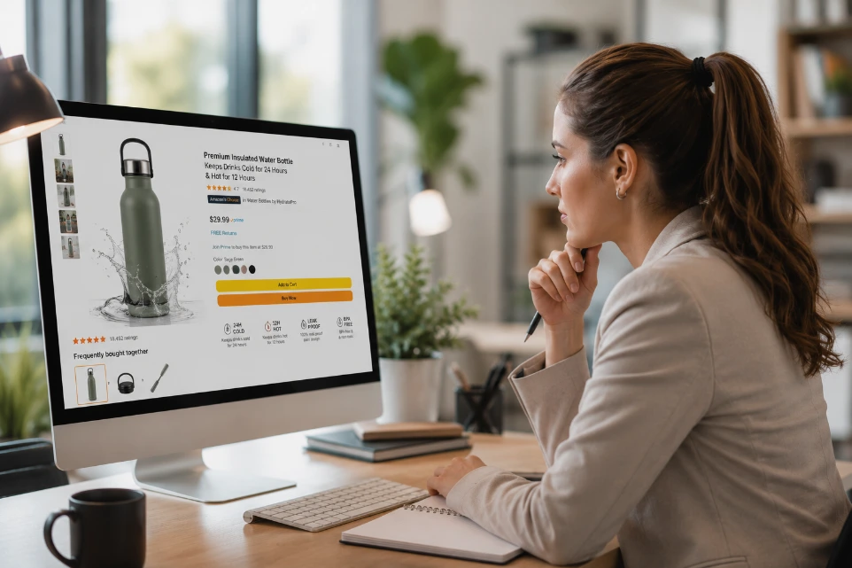 Amazon performance optimization support showing PPC refinement, conversion analysis, keyword performance, sales data, and marketplace growth planning.