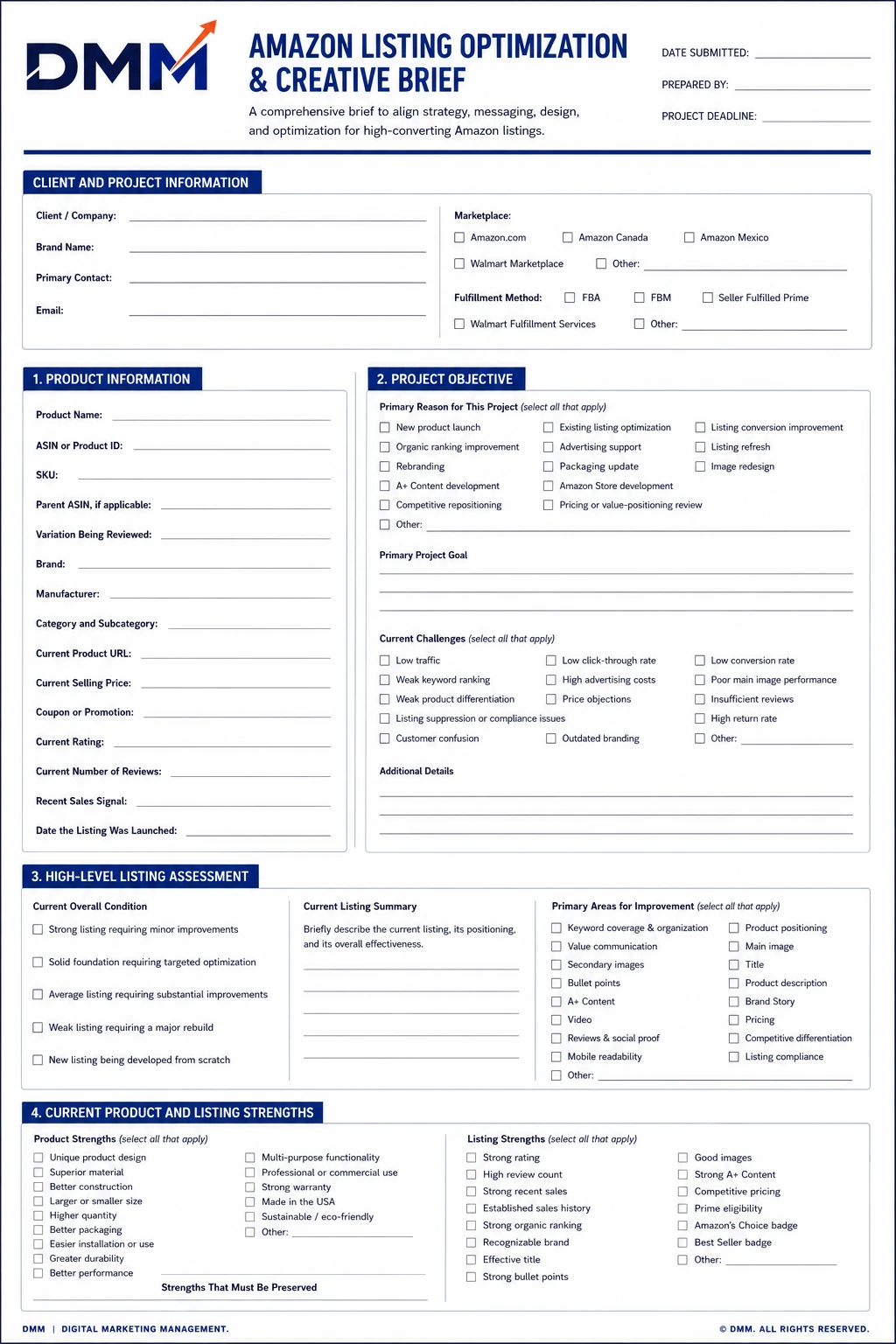 Amazon listing brief and content planning support showing product research, keyword notes, optimized copywriting, and launch preparation.