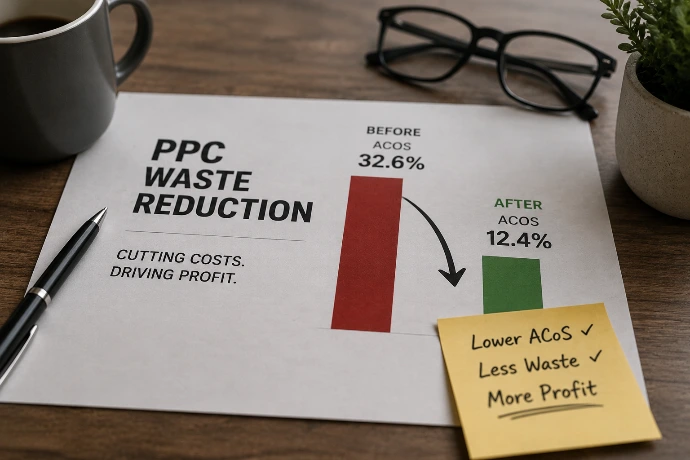 PPC cost reduction report showing lower ACOS, reduced wasted ad spend, and improved advertising efficiency for marketplace campaigns.