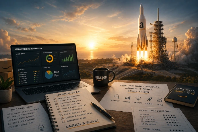 Product research and launch planning image showing Amazon marketplace strategy, product opportunity analysis, and launch preparation.