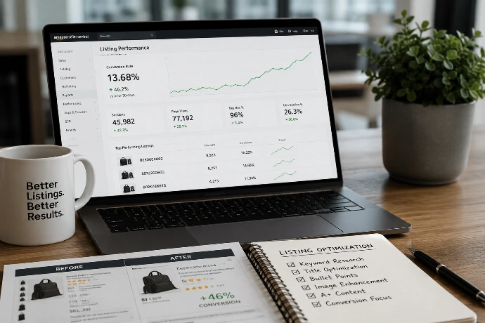 Amazon listing optimization dashboard showing improved conversion performance, product listing metrics, and a checklist for better marketplace results.