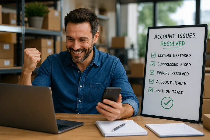 Marketplace account troubleshooting image showing resolved Seller Central issues, restored listings, account health improvements, and seller confidence.