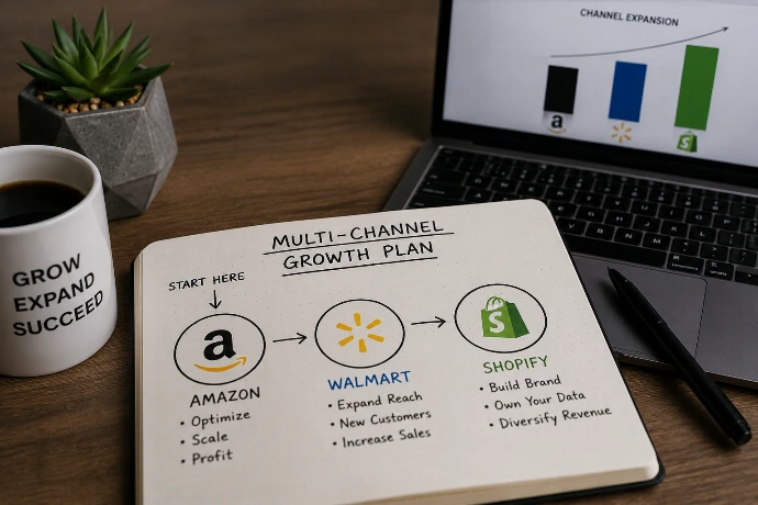 Multi-channel growth planning image showing Amazon as the starting point with expansion into Walmart and Shopify marketplace channels.