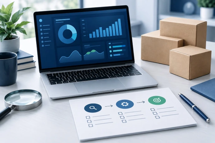 Illustration of an ecommerce account review with a laptop, planning checklist and product cartons.