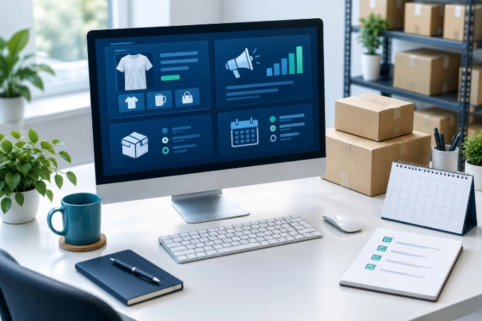 Illustration connecting product listings, advertising, inventory and account operations.
