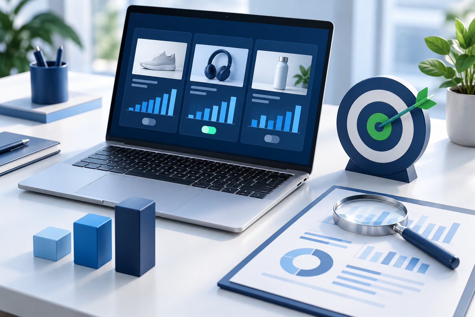 Illustration of campaign analysis with product ads, targeting and a performance review.
