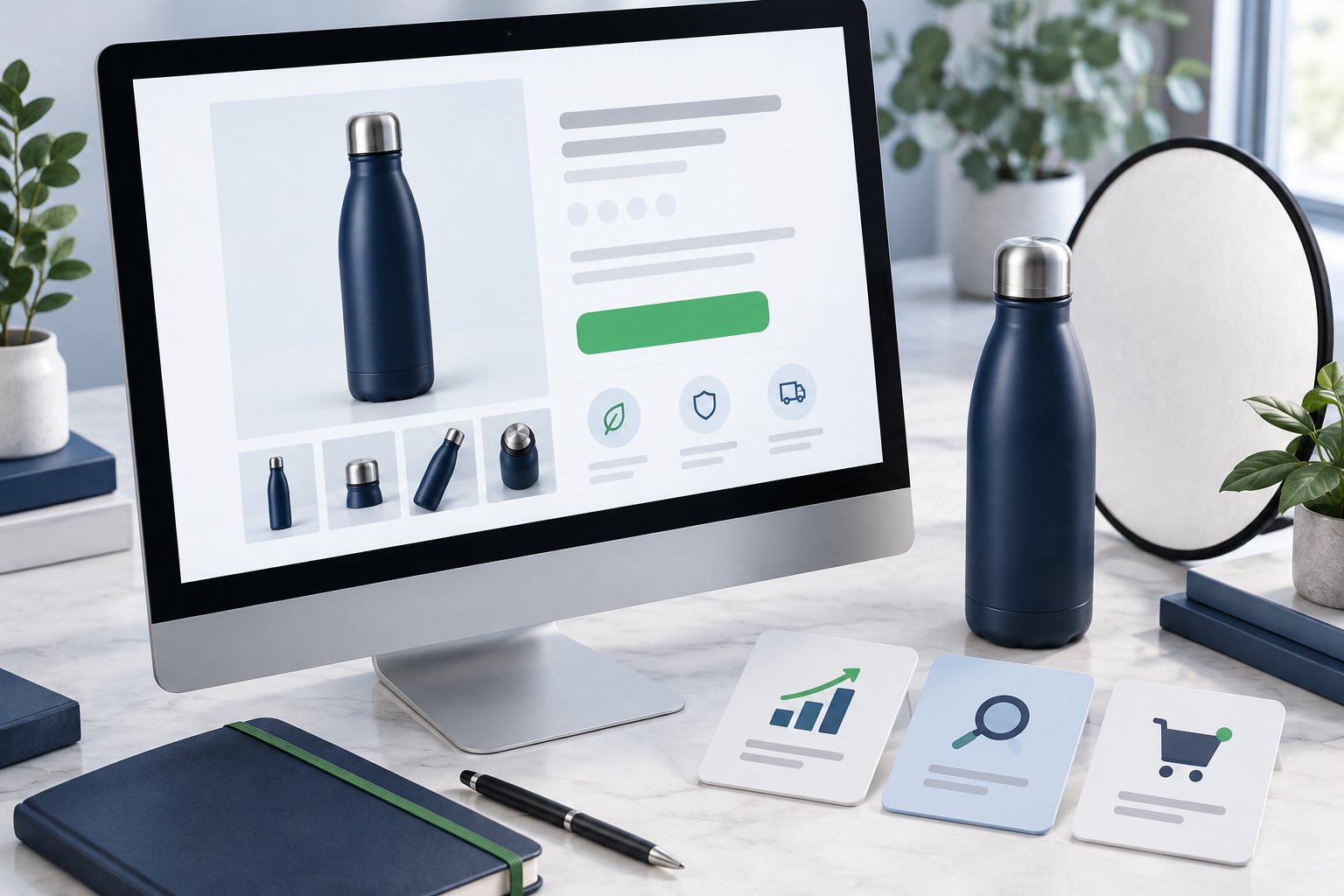 Illustrative product listing with coordinated photography, content and product details.