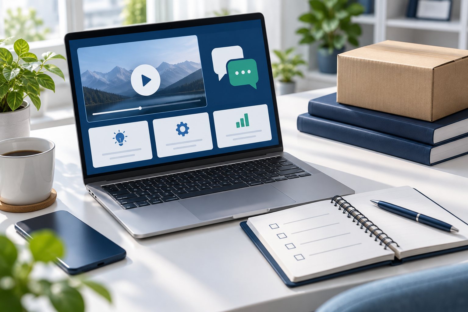 Illustration of online seller learning with a laptop, notebook and practical task checklist.