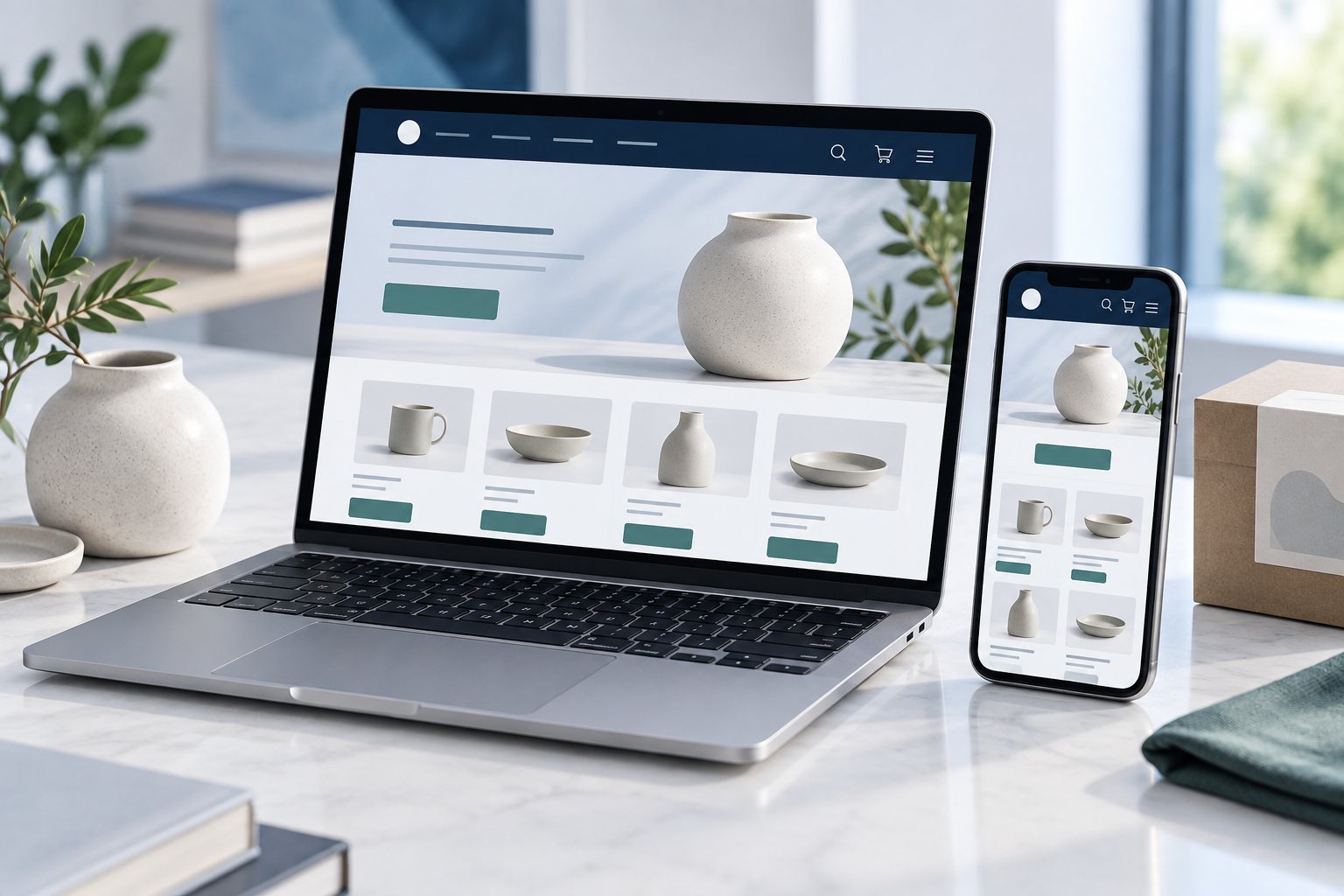 Illustrative storefront design shown consistently on a laptop and mobile phone.