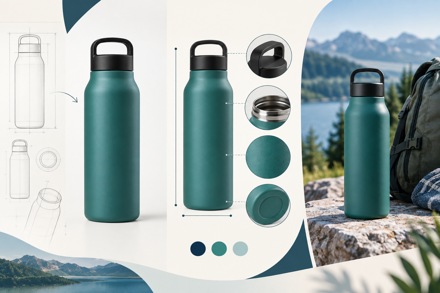 Illustrative Amazon image sequence: product studio view, feature infographic, and outdoor lifestyle scene