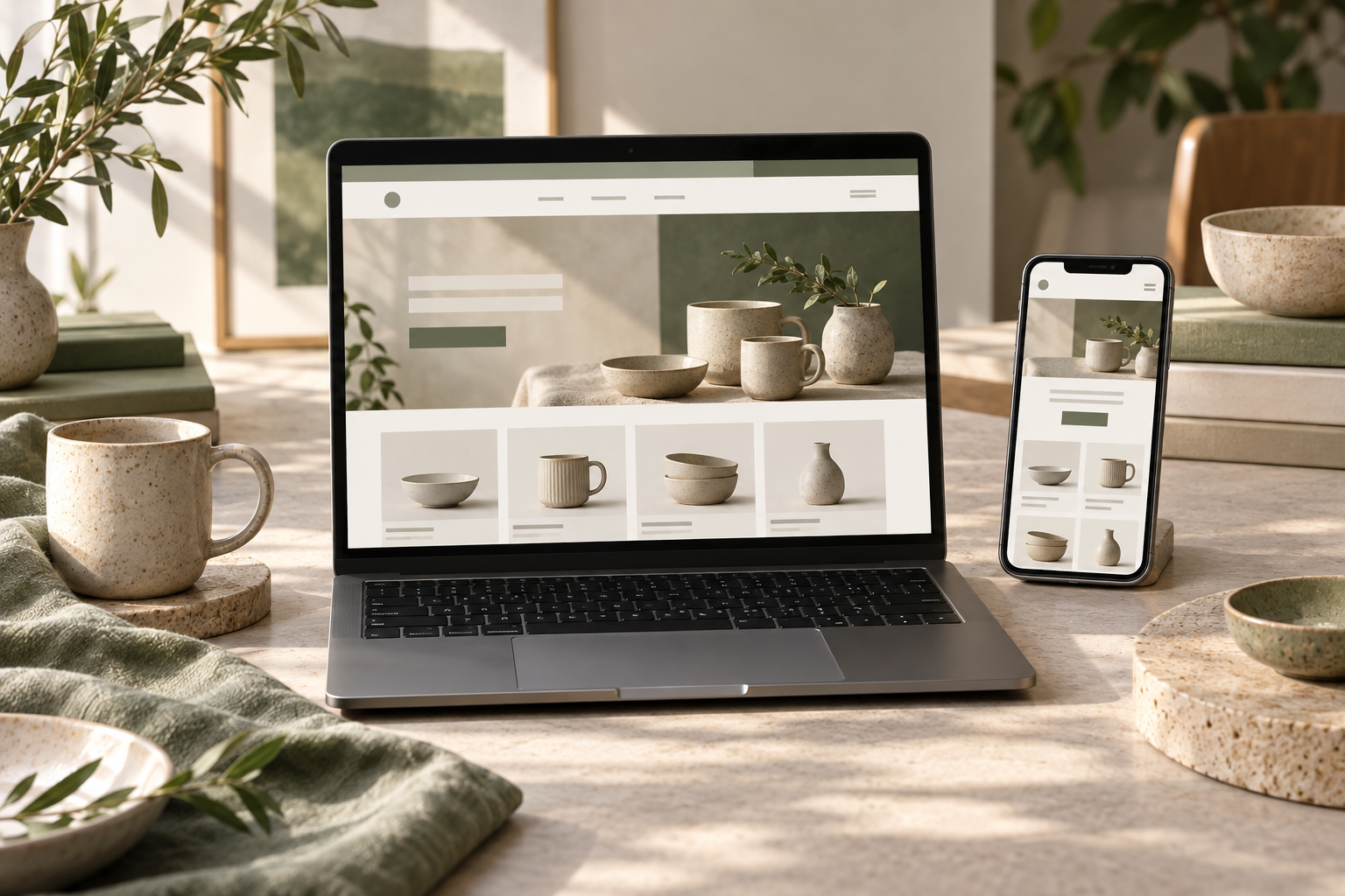 Illustrative homeware storefront displayed consistently on a laptop and mobile phone