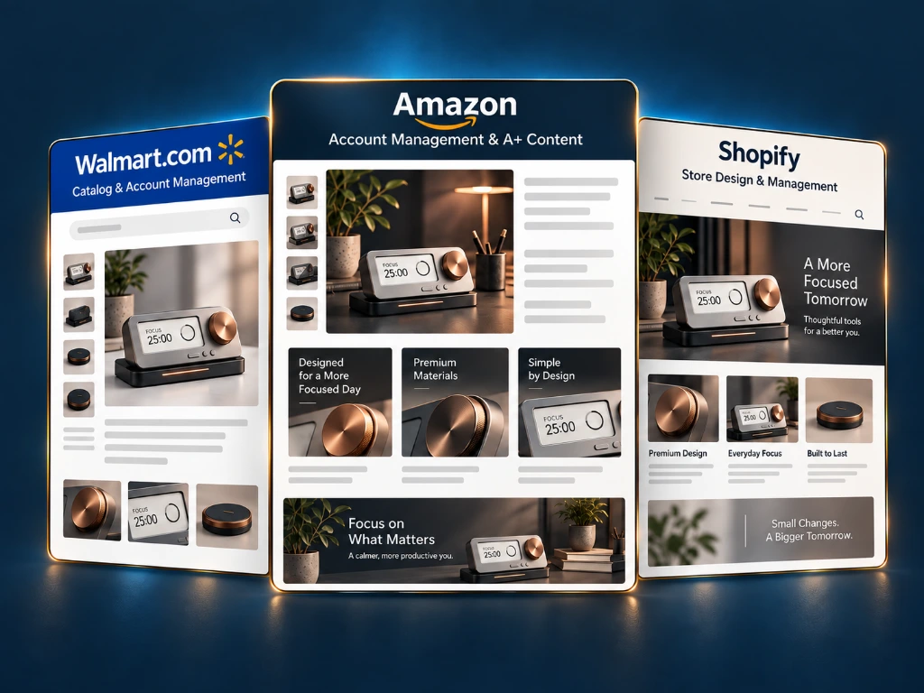 DMM marketplace management and creative services: Walmart.com catalog management on the left, Amazon account management and A+ Content in the center, and Shopify store design and management on the right. Illustrative product concept.