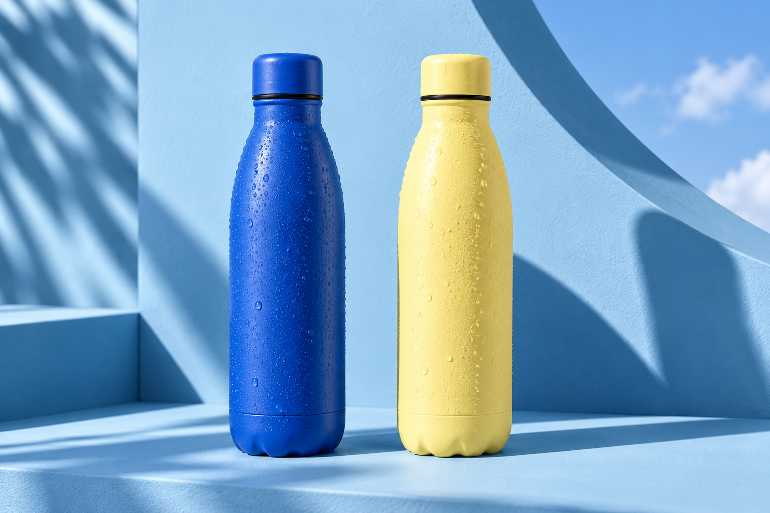 Cobalt and butter yellow bottle concept on a blue studio set