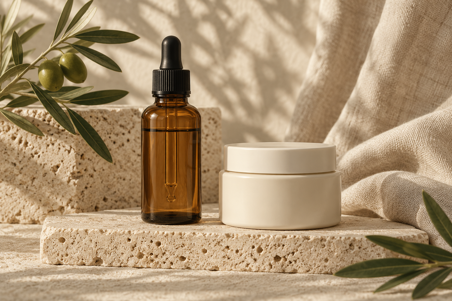 Amber serum and ivory cream jar on warm stone