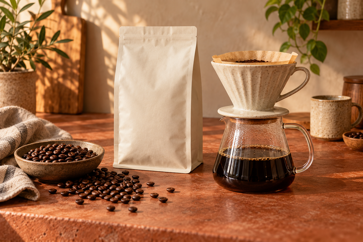 Coffee bag, ceramic pour-over dripper and glass carafe on a terracotta counter