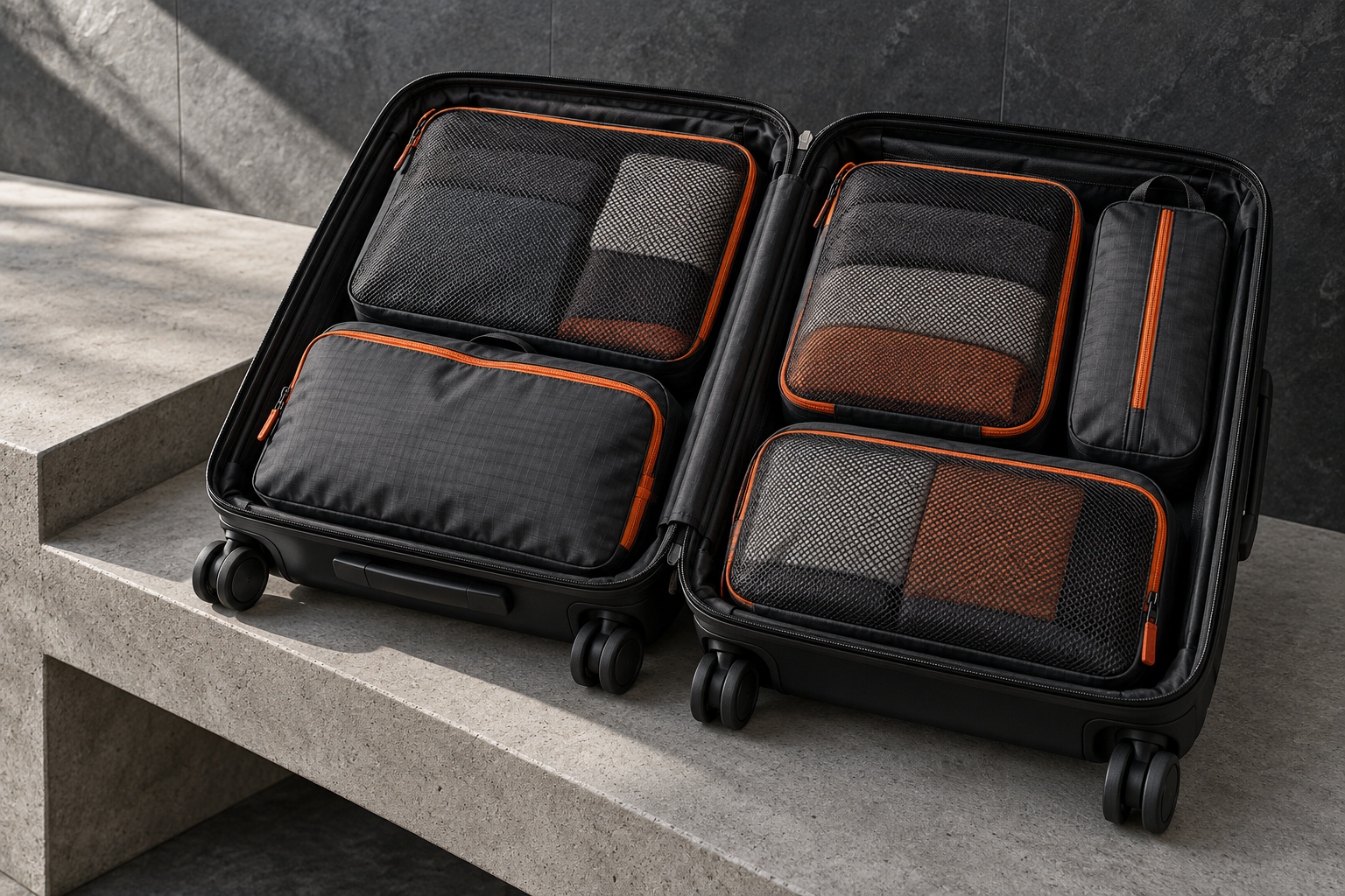 Graphite packing cubes with orange accents in suitcase concept