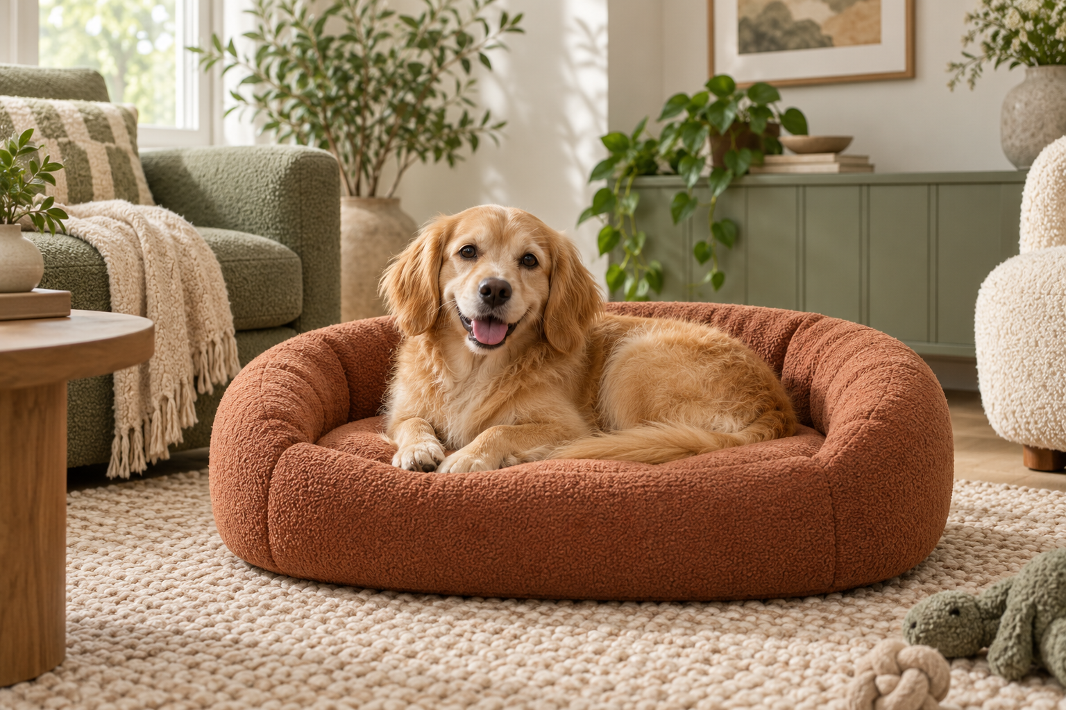 Golden dog curled in a terracotta bolster bed in a warm living room